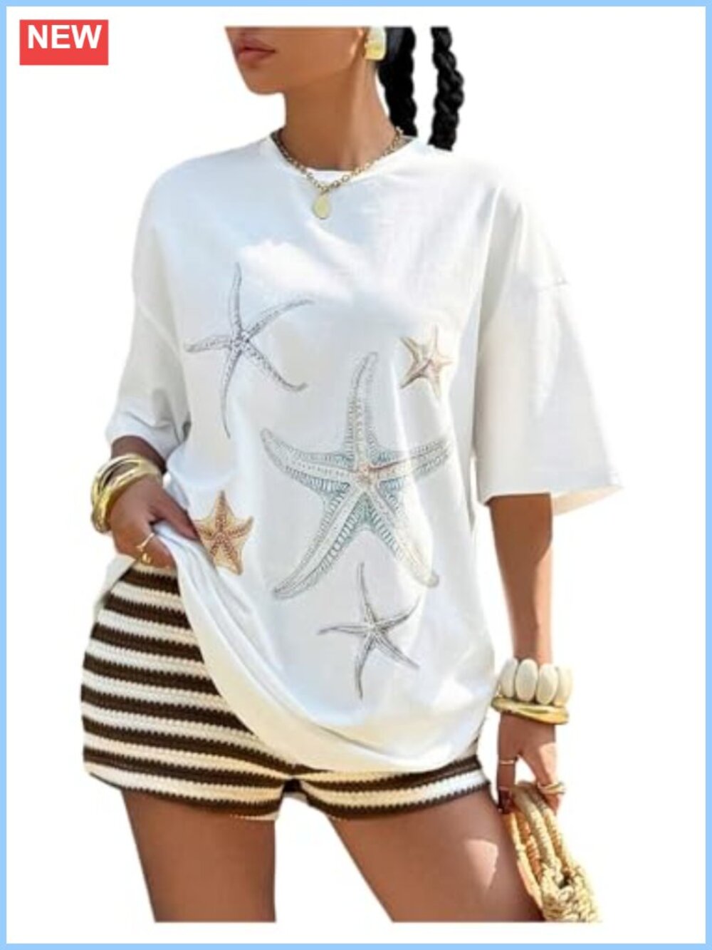 Two Piece Graphic T-Shirt and Striped Knit Shorts Set Casual Vacation Outfit